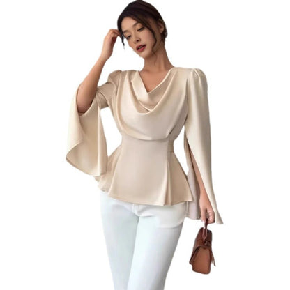 Women's Satin Flare Sleeve Waist Trimming Shirt