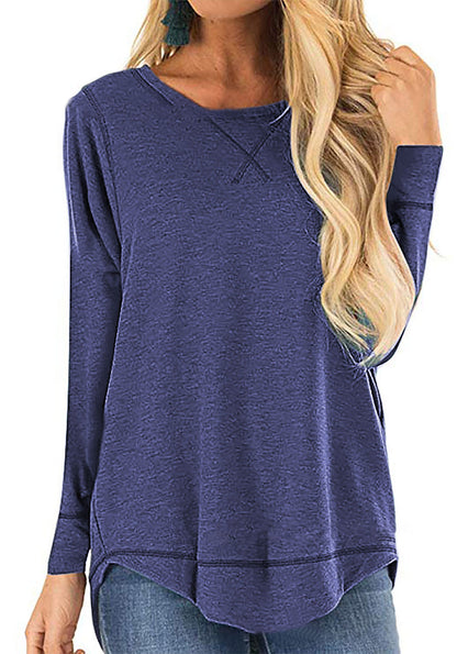 Women's Round Neck Long-sleeve T-shirt Solid Color Loose Top