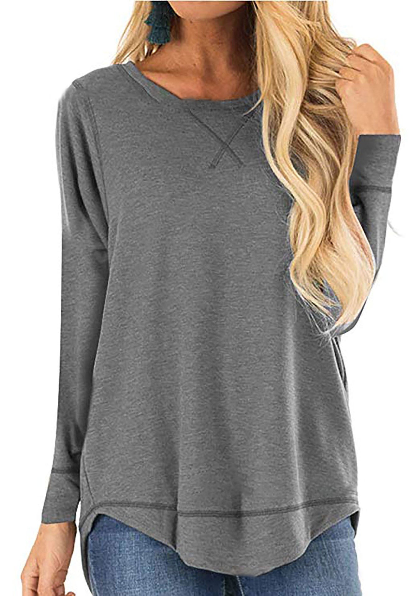 Women's Round Neck Long-sleeve T-shirt Solid Color Loose Top