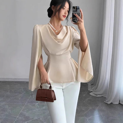 Women's Satin Flare Sleeve Waist Trimming Shirt