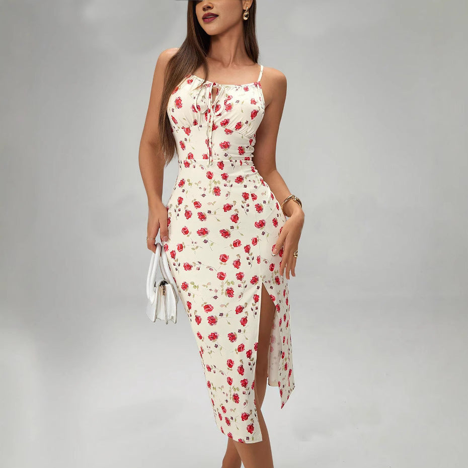 Random Printed Thigh Slit Sling Dress