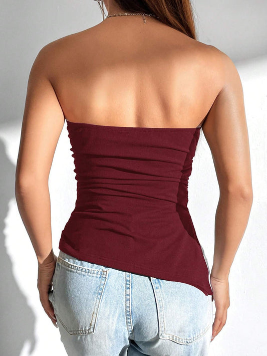 Women Solid Color Ruched Side Slit Hem Bandeau Cami Top