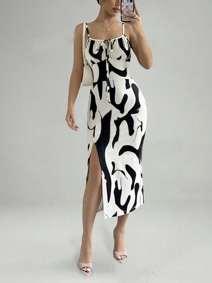 Random Printed Thigh Slit Sling Dress