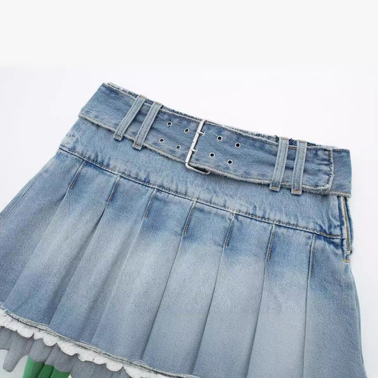 Wide Pleated Waistband Mini Denim Skirt