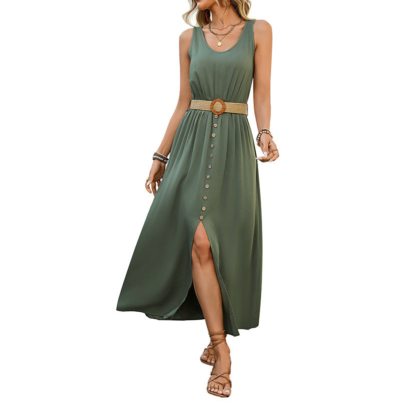 Mid-length Split Solid Color Sleeveless Round Neck Dress