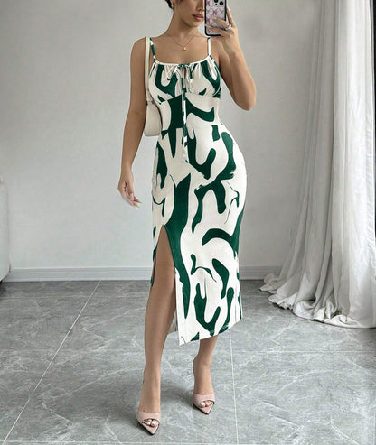 Random Printed Thigh Slit Sling Dress