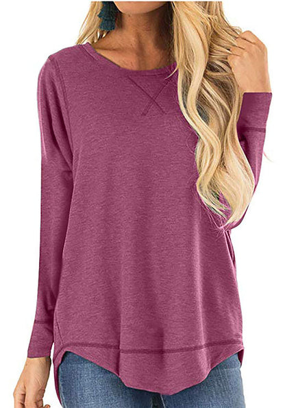 Women's Round Neck Long-sleeve T-shirt Solid Color Loose Top