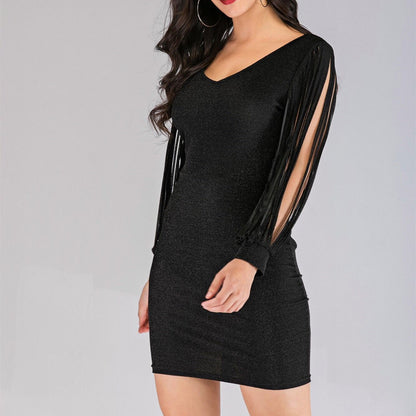 Women's Shiny Nightclub Party Sleeve Tassel Dress